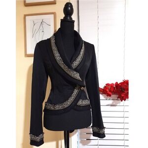 Wool 42% Chic Belted  Fitted Black Blazer Casual Deep V Neck